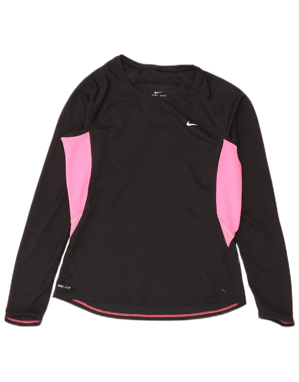 Nike Damen Dri Fit Top Langarm UK 12/14 Medium Schwarz Farbblock