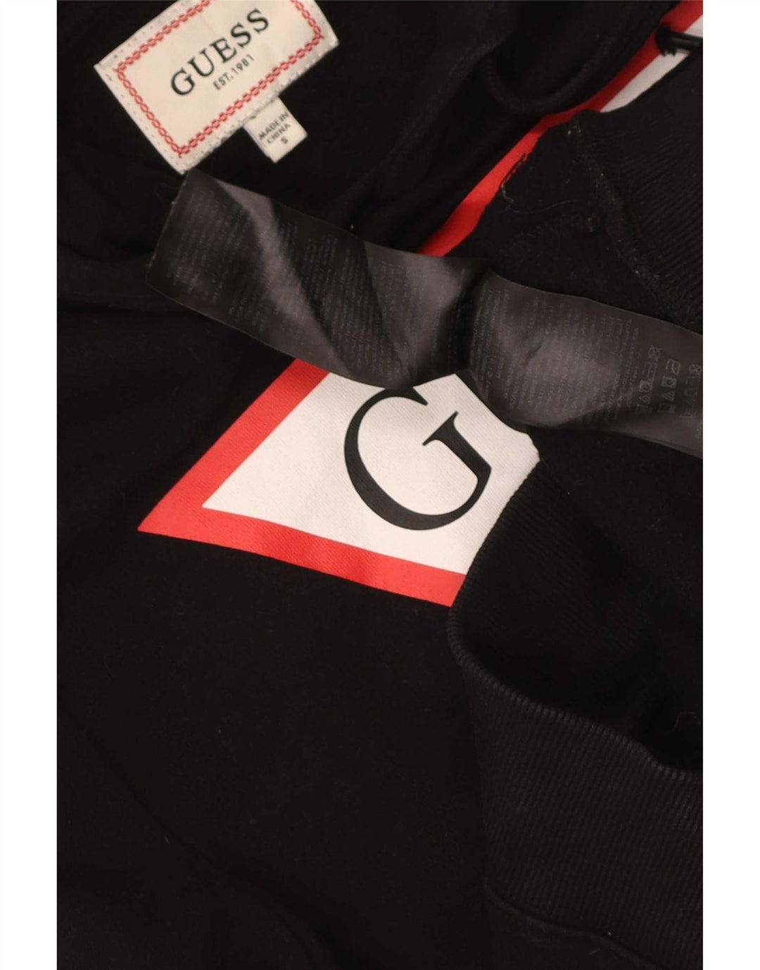 Guess Herren-Kapuzenpullover mit Grafik, Größe S, schwarze Baumwolle