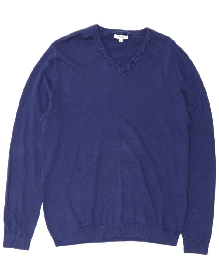 REISS Herren-Pullover mit V-Ausschnitt, groß, aus blauer Baumwolle
