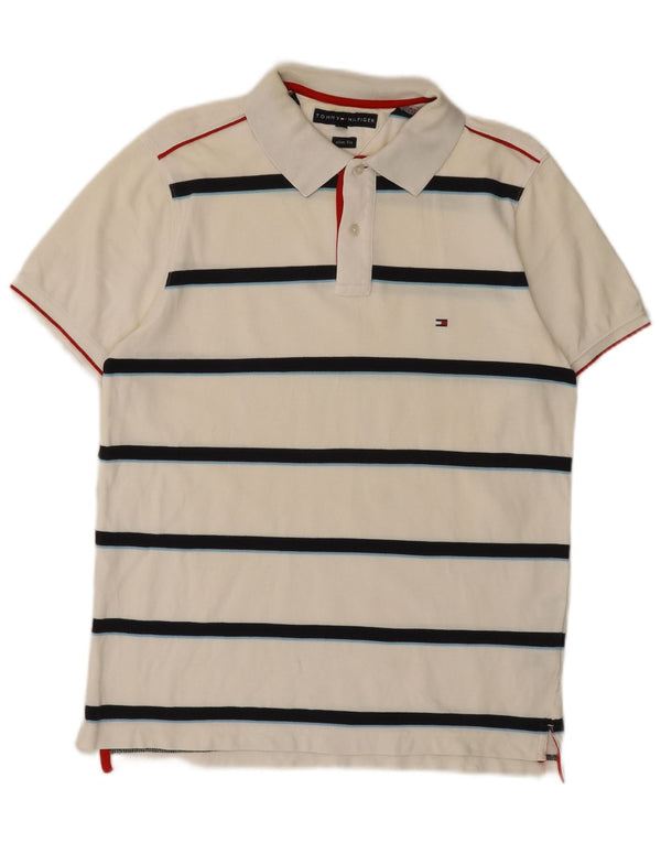 Tommy Hilfiger Herren-Poloshirt mit schmaler Passform, groß, weiß gestreift, Baumwolle