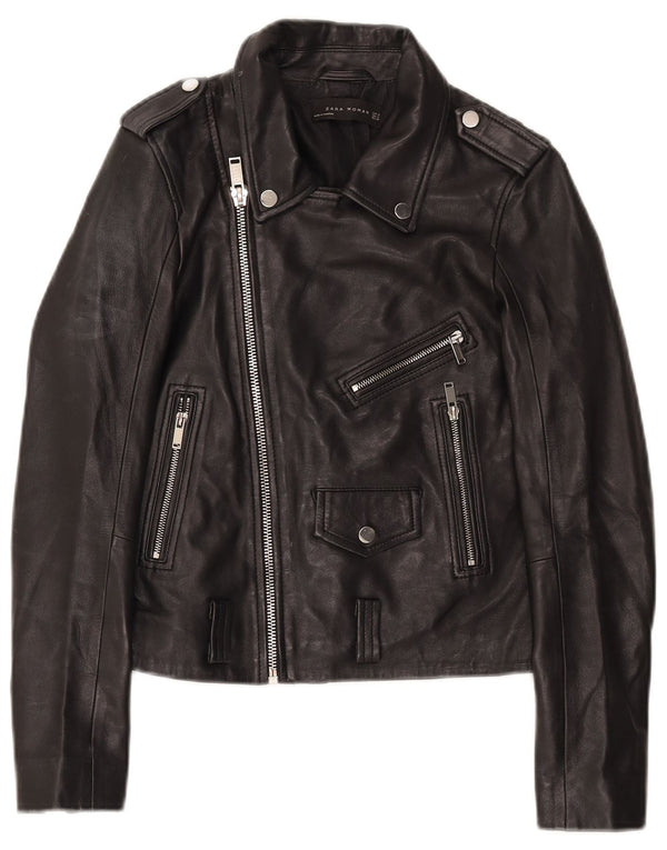 Zara Damen Leder Bikerjacke UK 12 Medium Schwarz