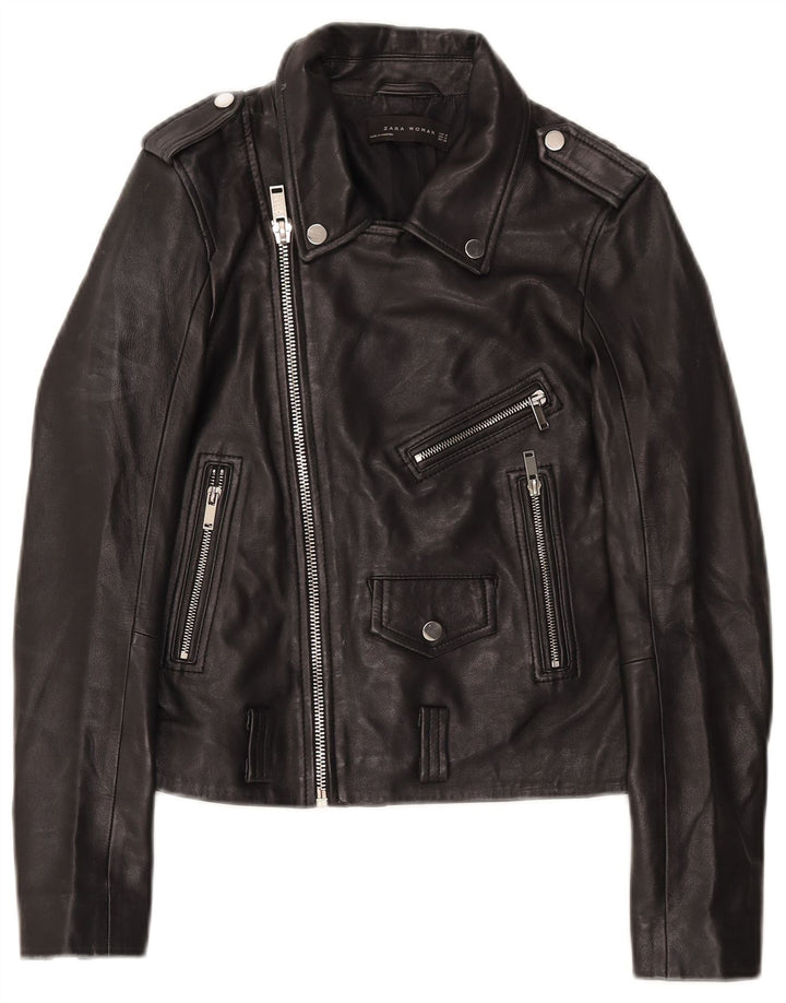 Zara Damen Leder Bikerjacke UK 12 Medium Schwarz