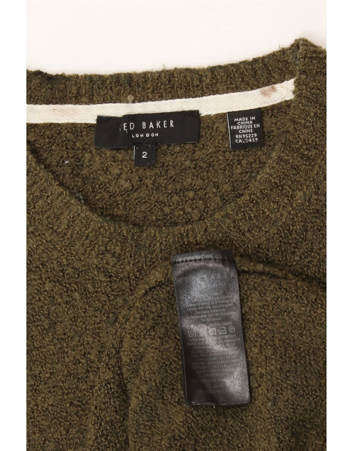 Ted Baker Herren-Pullover mit grafischem Rundhalsausschnitt, Größe 2, kleine Khaki-Wolle