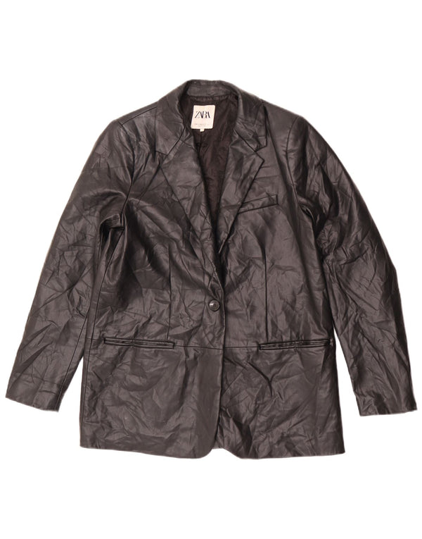 Zara Damen 1-Knopf-Blazer aus Kunstleder, Gr. 14, Mittelschwarz
