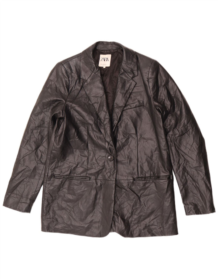 Zara Damen 1-Knopf-Blazer aus Kunstleder, Gr. 14, Mittelschwarz