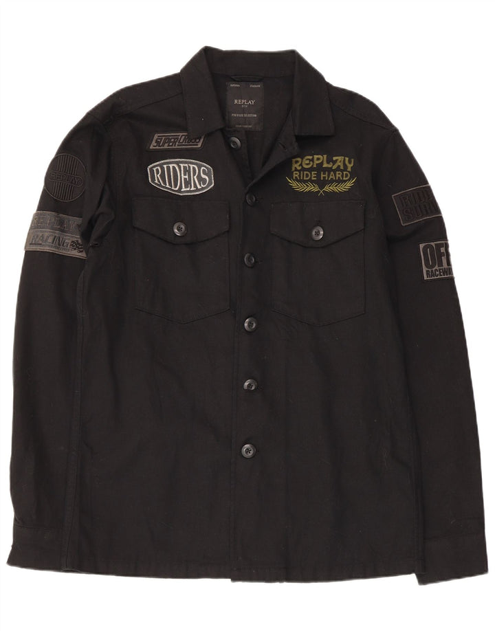 Replay Herren-Grafikhemd aus mittelschwarzer Baumwolle