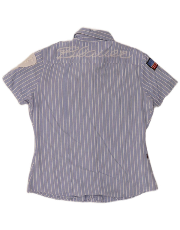 Blauer Damen-Kurzarm-Militärhemd, UK 14, große blaue Nadelstreifen-Baumwolle