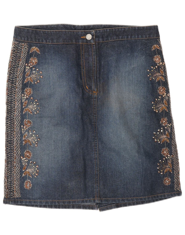Warehouse Damen-Jeansrock UK 12 Medium W30 Blau geblümte Baumwolle