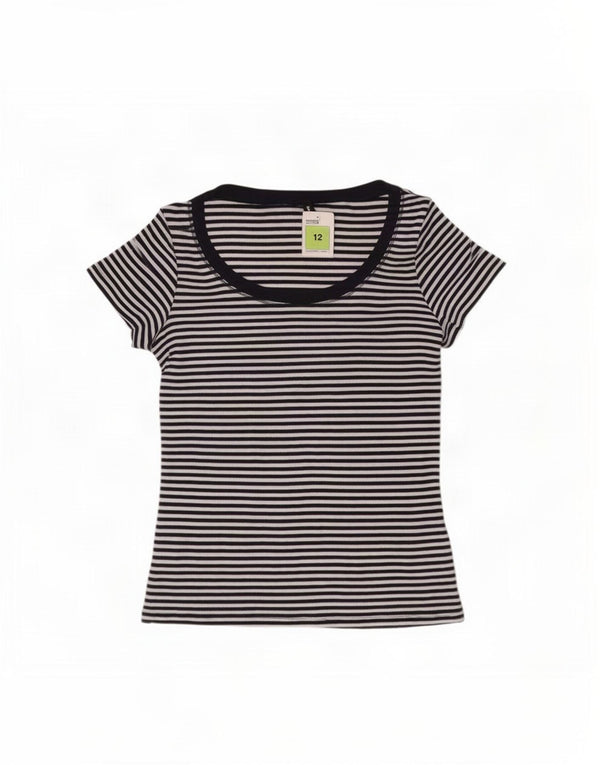 Marks & Spencer Damen T-Shirt Top UK 12 Medium Marineblau Nadelstreifen Baumwolle