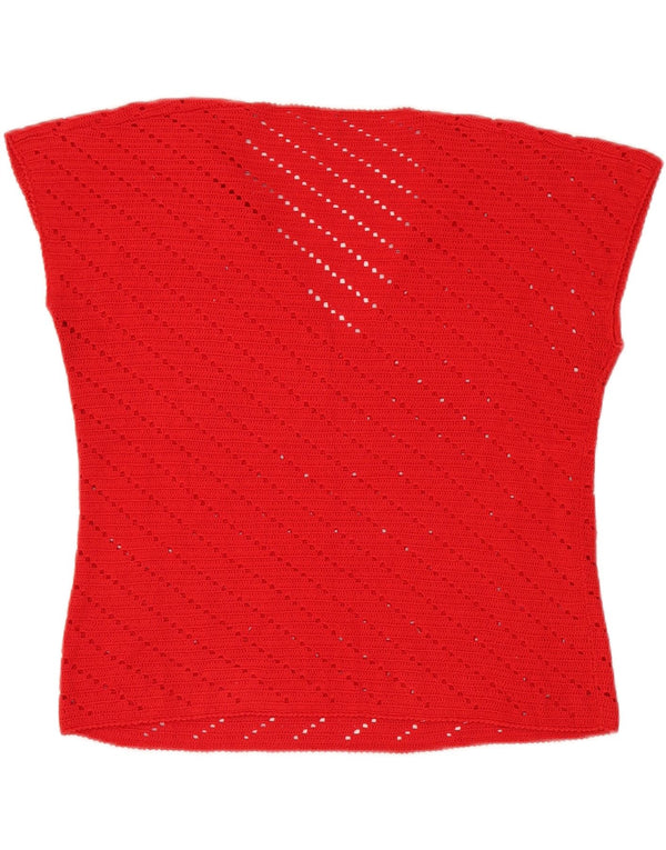 Vintage Damen Kurzärmeliger Pullover mit V-Ausschnitt UK 12 Mittelrot