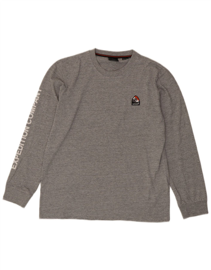 SUPERDRY Herren-Grafik-Oberteil mit langen Ärmeln, Mittelgrau gesprenkelte Baumwolle