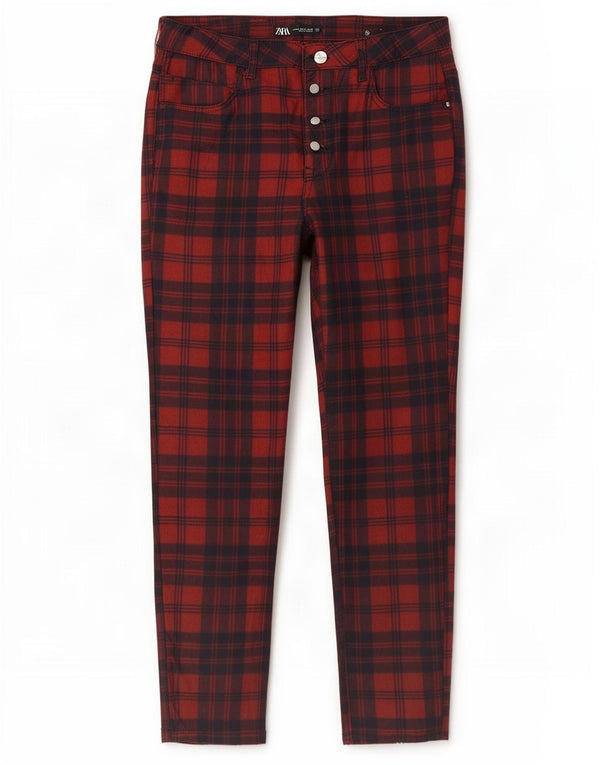 Zara Damen Slim Freizeithose EU 42 Large W32 L27 Rot karierte Baumwolle