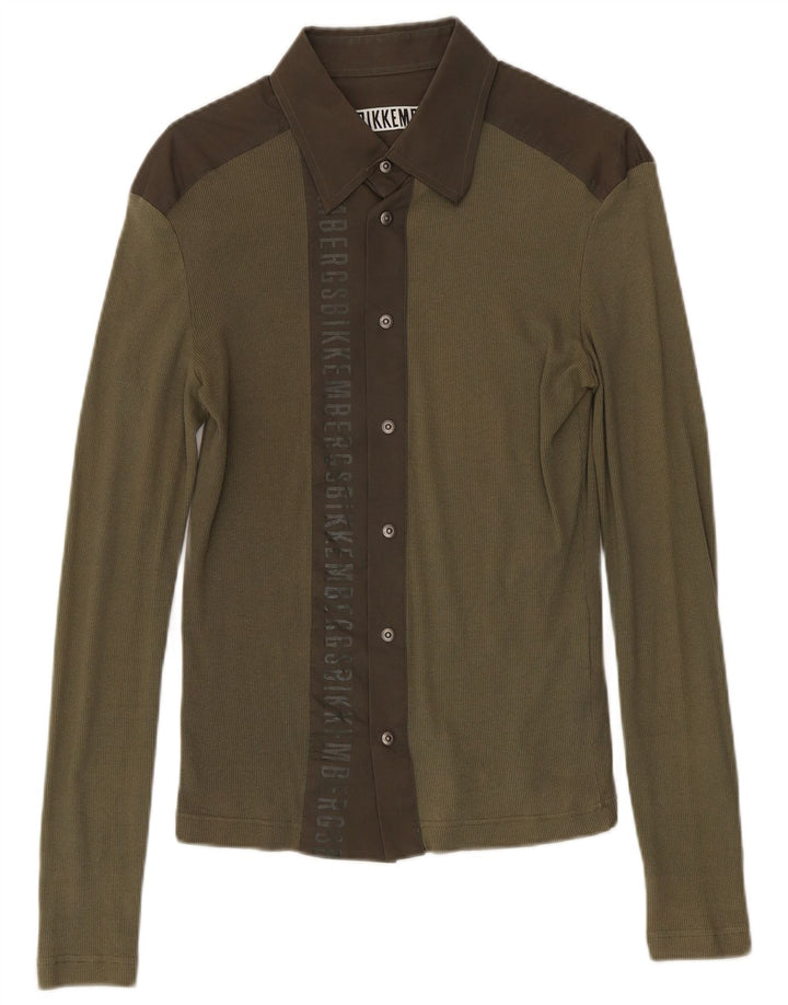 Bikkembergs Herren-Grafikhemd aus mittlerer Khaki-Farbblock-Baumwolle