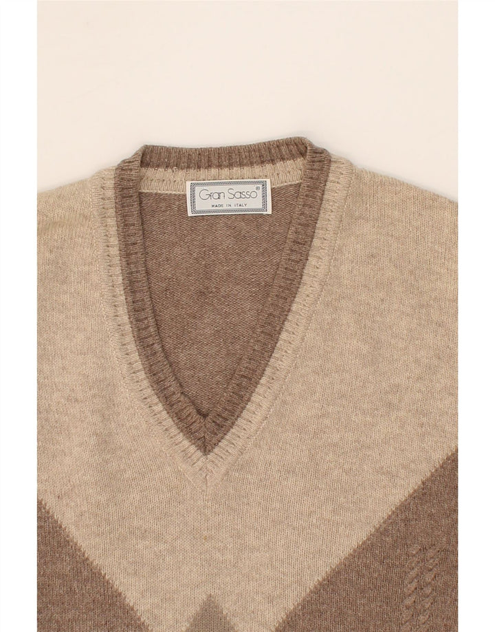 GRAN SASSO Herren-Pullover mit V-Ausschnitt, groß, braune Argyle-/Diamantwolle