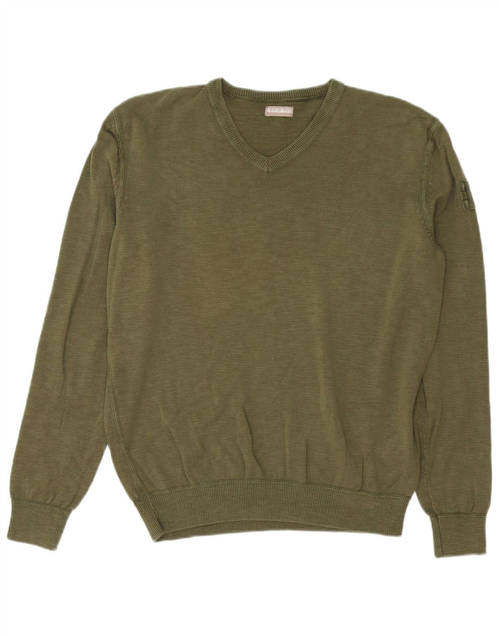 Napapijri Herren-Pullover mit V-Ausschnitt, mittlere Khaki-Baumwolle