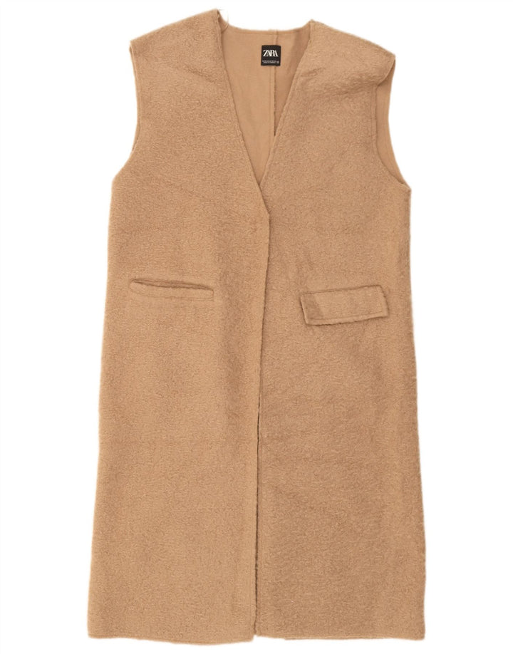 Zara Damen Longline Open Gilet UK 14 Medium Beige Polyester