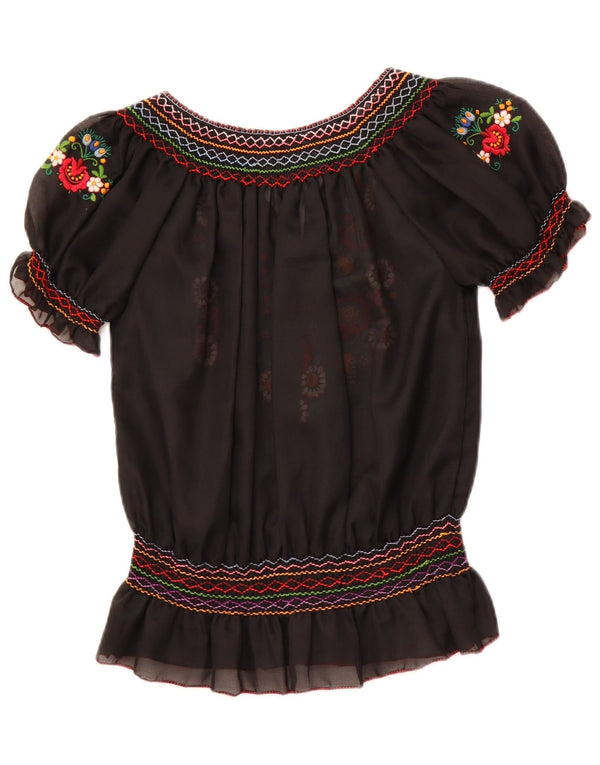 VINTAGE Damen Durchsichtiges Blusentop UK 16 Großes schwarzes Blumenmuster