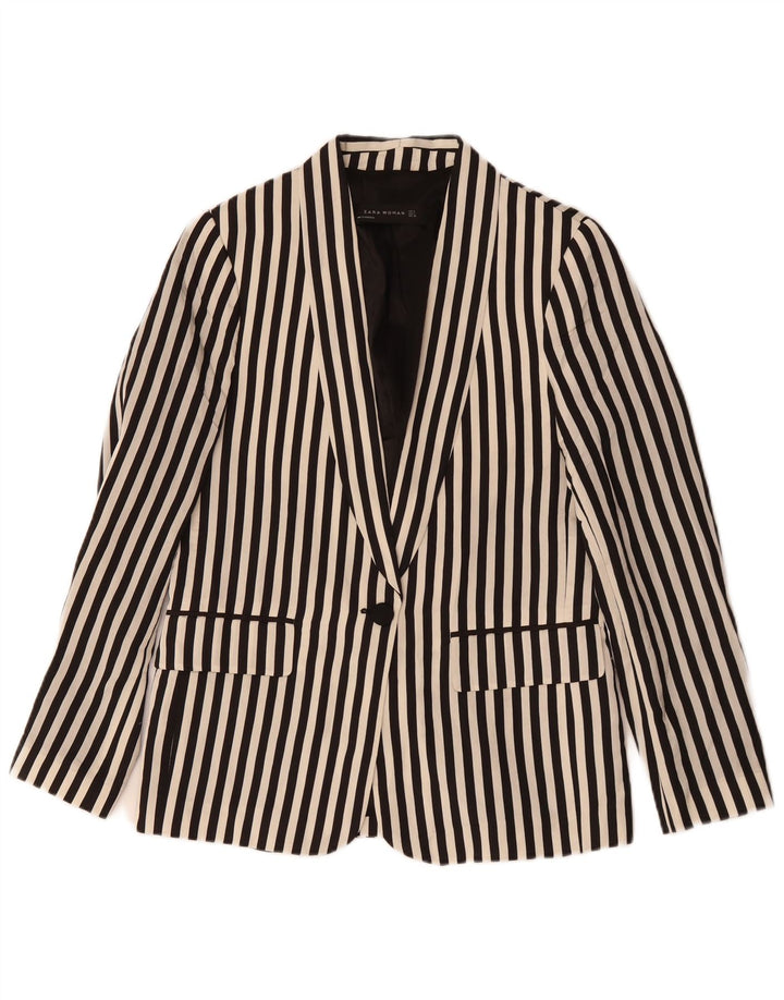 ZARA Damen 1-Knopf-Blazerjacke UK 12 Mittelschwarzes Nadelstreifen-Polyester