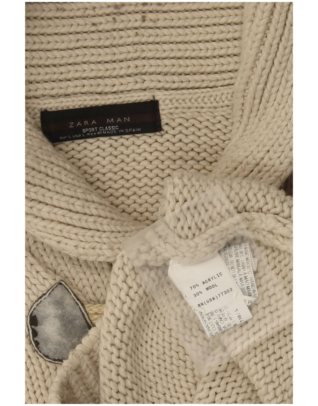 Zara Herren-Pullover mit Schalkragen, groß, beige, Acryl