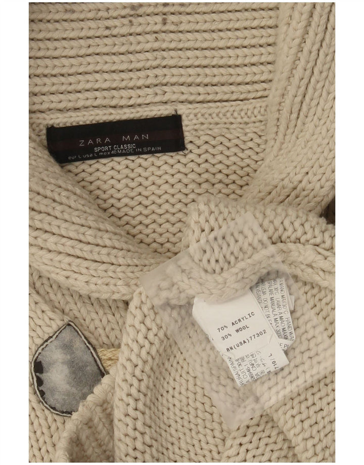 Zara Herren-Pullover mit Schalkragen, groß, beige, Acryl