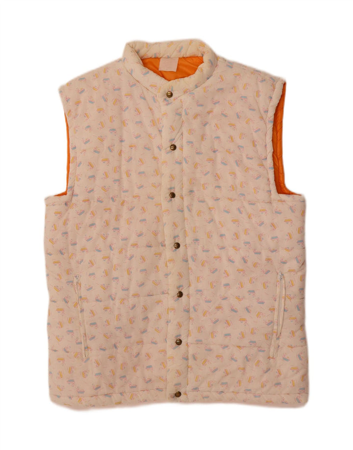 VINTAGE Womens Abstract Pattern Padded Gilet UK 16 Large White Cotton