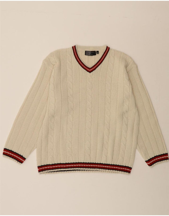 MAN'S WORLD Mens V-Neck Jumper Sweater IT 52 Large Off White Polyacrylic Vintage Man's World and Second-Hand Man's World from Messina Hembry 