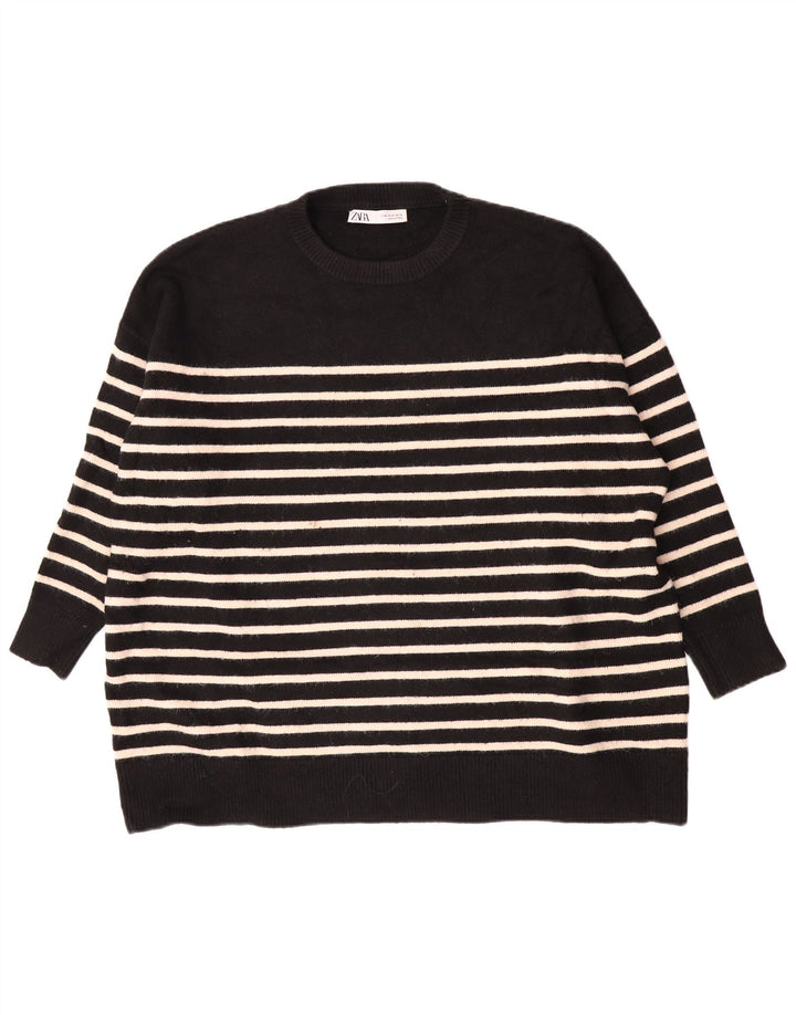 Zara Damen-Pullover, übergroß, Rundhalsausschnitt, Gr. 14, mittelschwarz gestreift