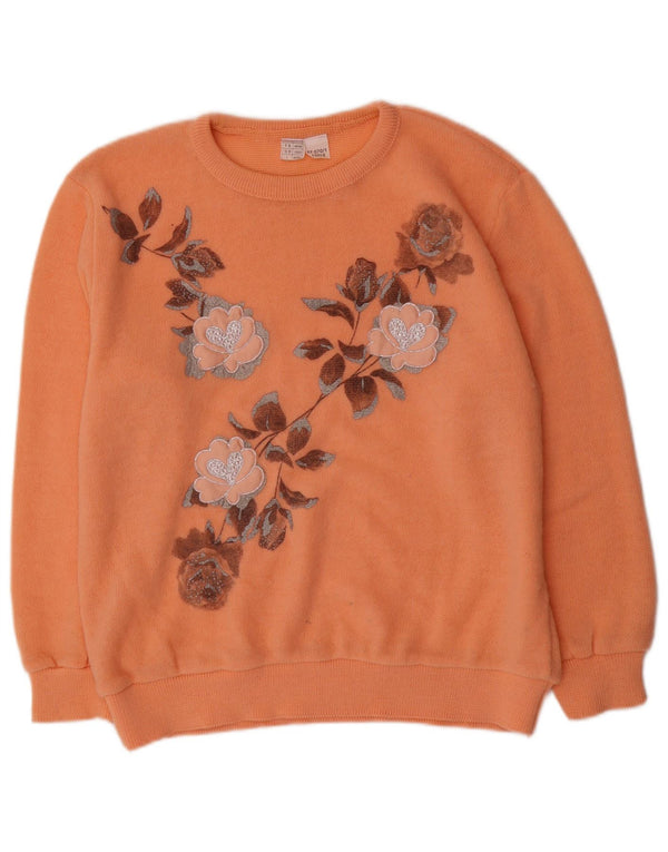 Vintage Damen Pullover mit grafischem U-Boot-Ausschnitt, UK 18/20 XL, Orange geblümt
