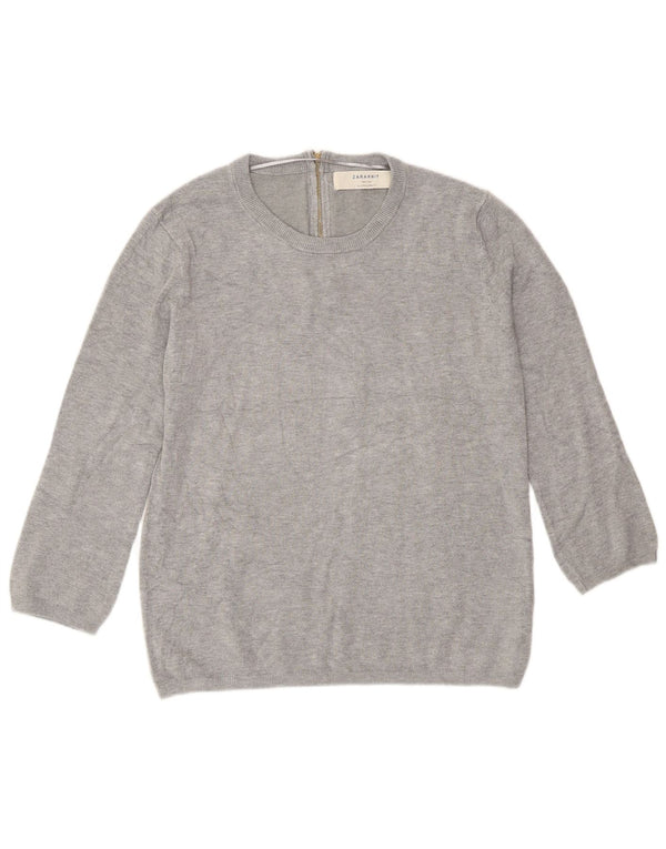 Zara Damen-Pullover mit 3/4-Ärmeln und Rundhalsausschnitt, Gr. 14, Größe L, grauer Rayon