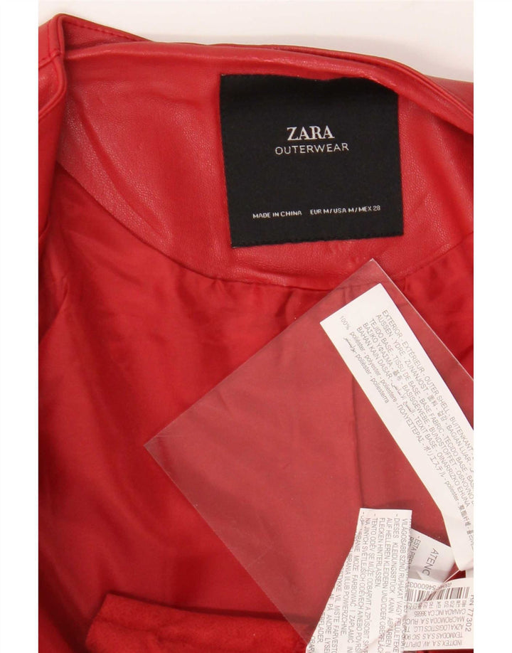 Zara Damen Crop Kunstlederjacke UK 12 Mittelrotes Polyester