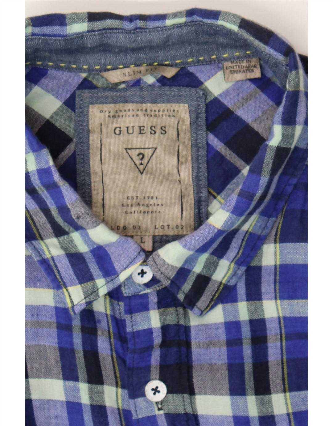 GUESS Mens Slim Fit Flannel Shirt Large Blue Check Linen Vintage Guess and Second-Hand Guess from Messina Hembry 