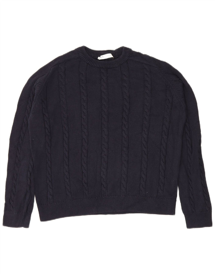 Zara Herren-Pullover mit Rundhalsausschnitt, Größe S, marineblaue Baumwolle