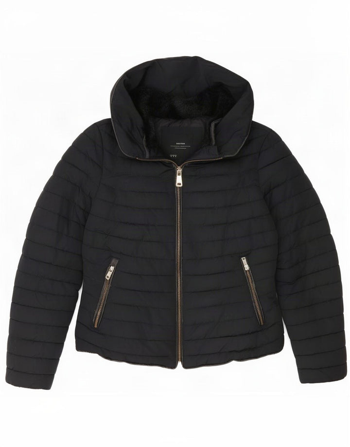 Zara Damen Crop Hooded Wattierte Jacke UK 10 Small Schwarz