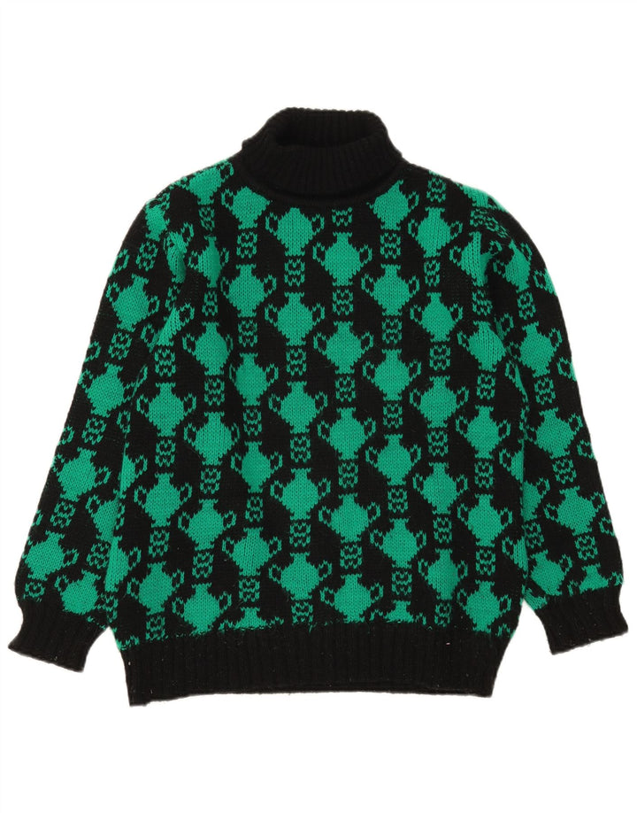 Vintage Damen Rollkragenpullover mit abstraktem Muster, Gr. 12, mittelschwarz