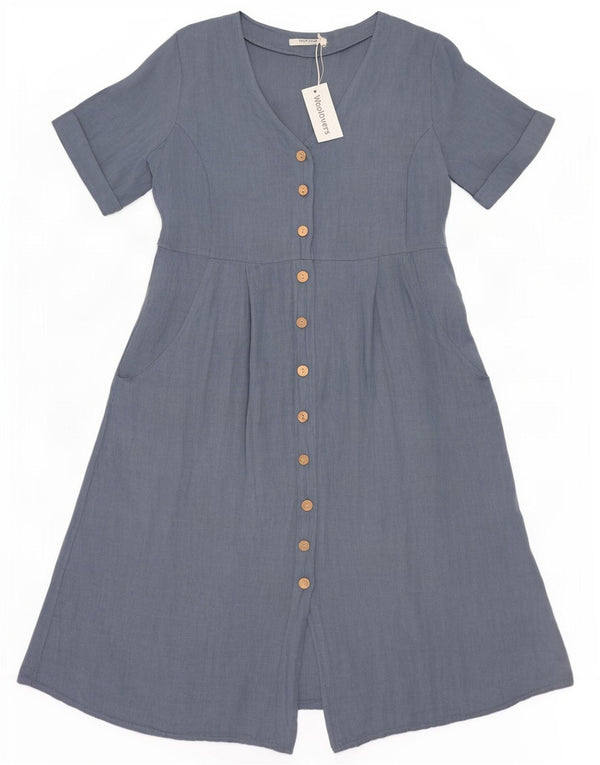 WoolOvers Damen-A-Linien-Kleid, Gr. 44, großes blaues Leinen
