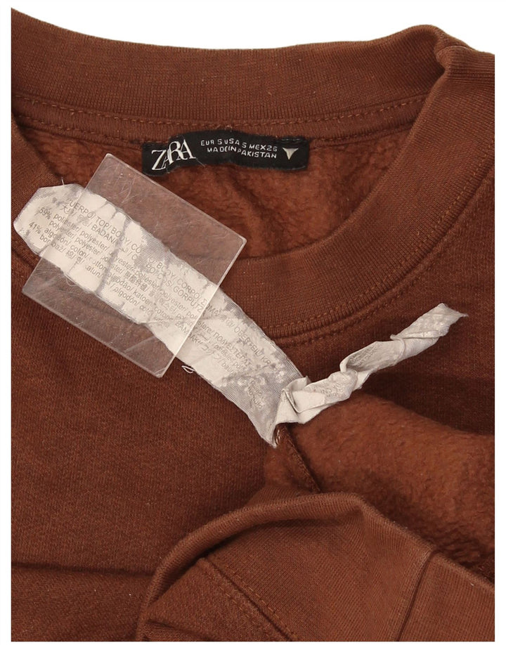 Zara Damen Crop Oversized Sweatshirt Pullover UK 10 Small Braune Baumwolle