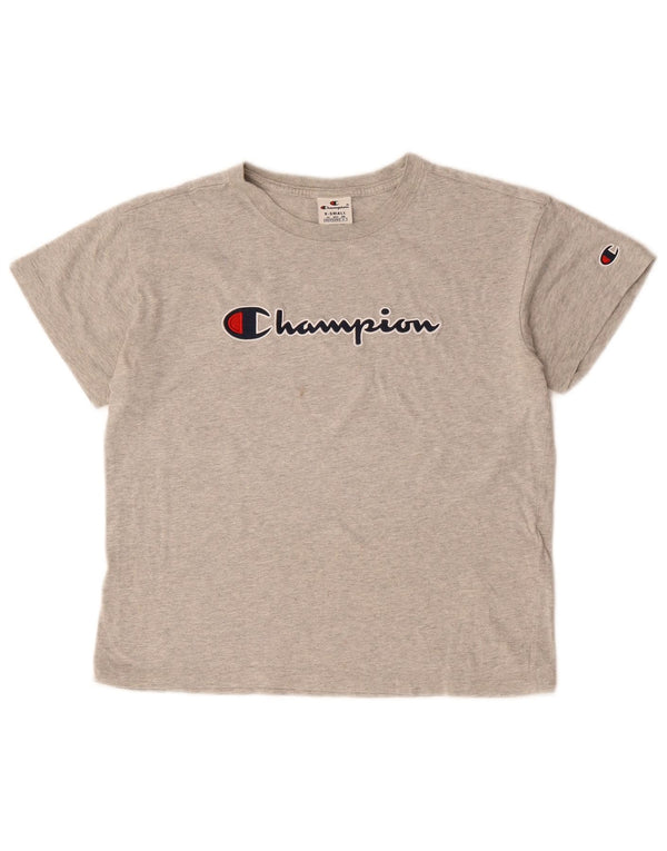 CHAMPION Damen Crop Oversize Graphic T-Shirt Top UK 6 XS Grau meliert