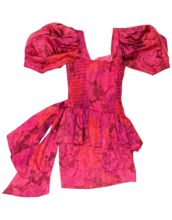 Vintage Womens Peplum Dress UK 10 Small Pink Floral Acetate