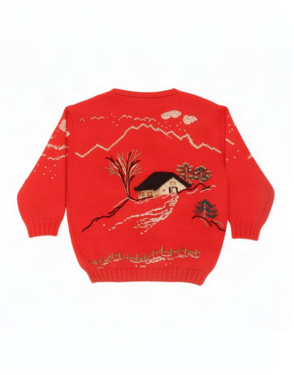 Vintage Damen Pullover mit grafischem U-Boot-Ausschnitt, UK 16, Größe L, Rot