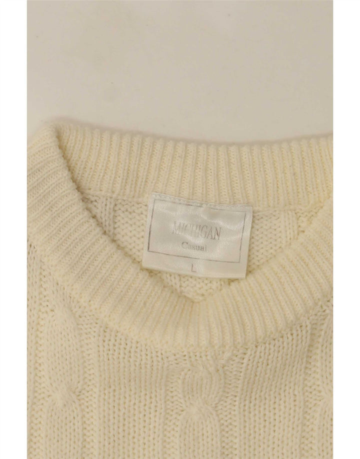 Vintage Herren Pullover mit Rundhalsausschnitt, groß, aus weißem Acryl