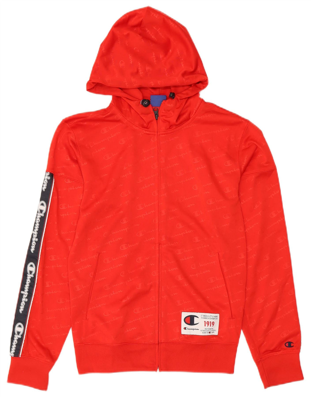 CHAMPION Herren-Kapuzenpullover mit grafischem Reißverschluss, XS, rotes Farbblock-Polyester