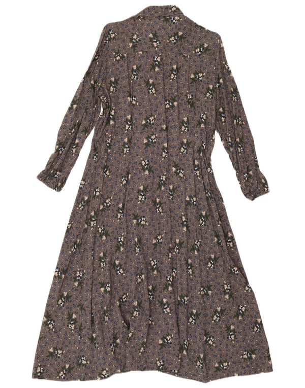 Vintage Damen Langarm-Hemdkleid UK 14 Mittelgrau geblümt
