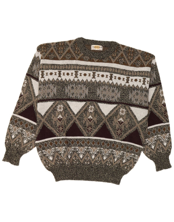 Vintage Herren Pullover mit Rundhalsausschnitt, Größe 42/44, groß, grau, geometrisch