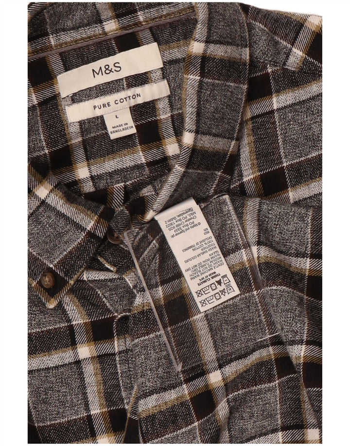 Marks & Spencer Herren-Flanellhemd, groß, grau kariert, Baumwolle