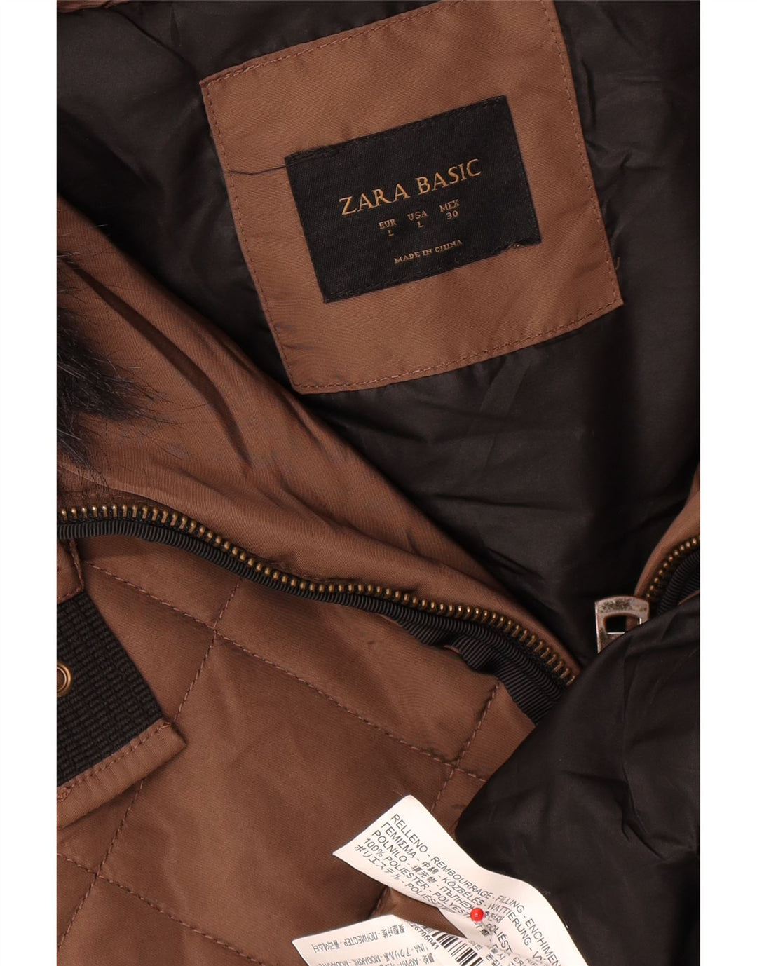 Zara Damen Kapuzenmantel, gepolstert, UK 16, Größe L, braun, Polyester