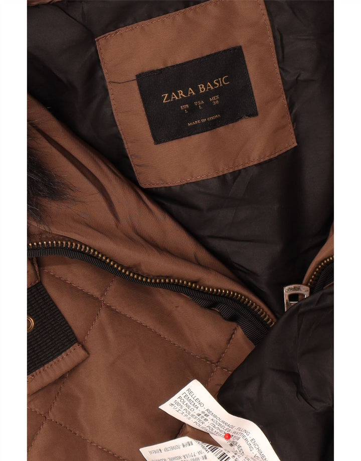 Zara Damen Kapuzenmantel, gepolstert, UK 16, Größe L, braun, Polyester