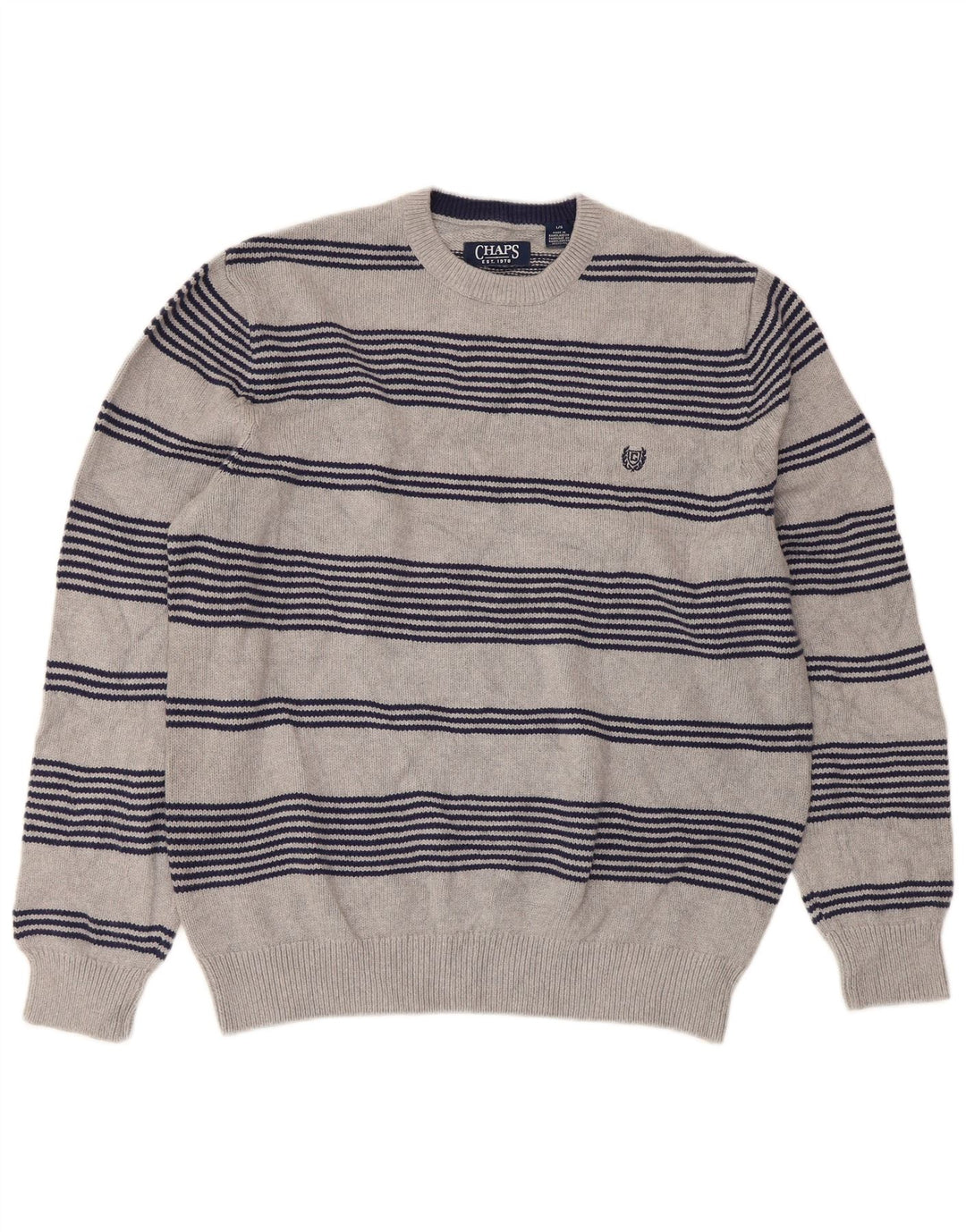 Chaps Herren-Pullover, reguläre Passform, Rundhalsausschnitt, groß, grau gestreift, Baumwolle