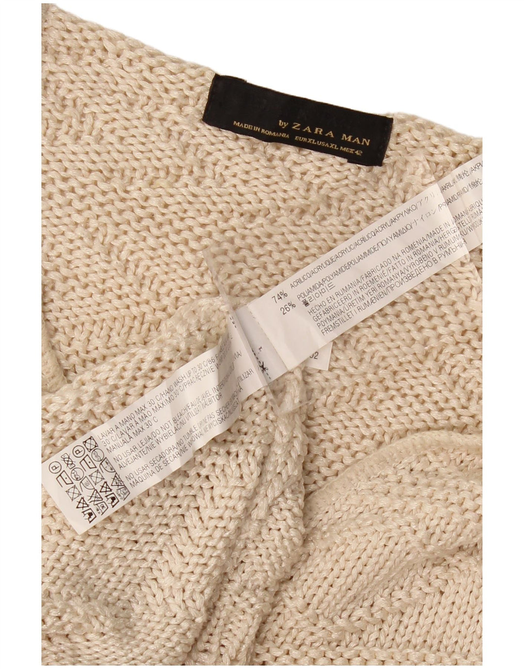 Zara Herren V-Ausschnitt Pullover Pullover XL Beige Acryl