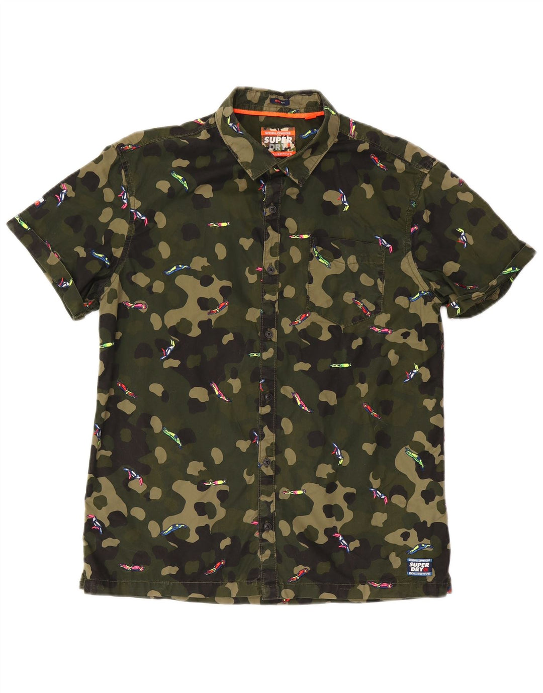 Superdry Herren Box Fit Kurzarmhemd Mittel Khaki Camouflage Baumwolle