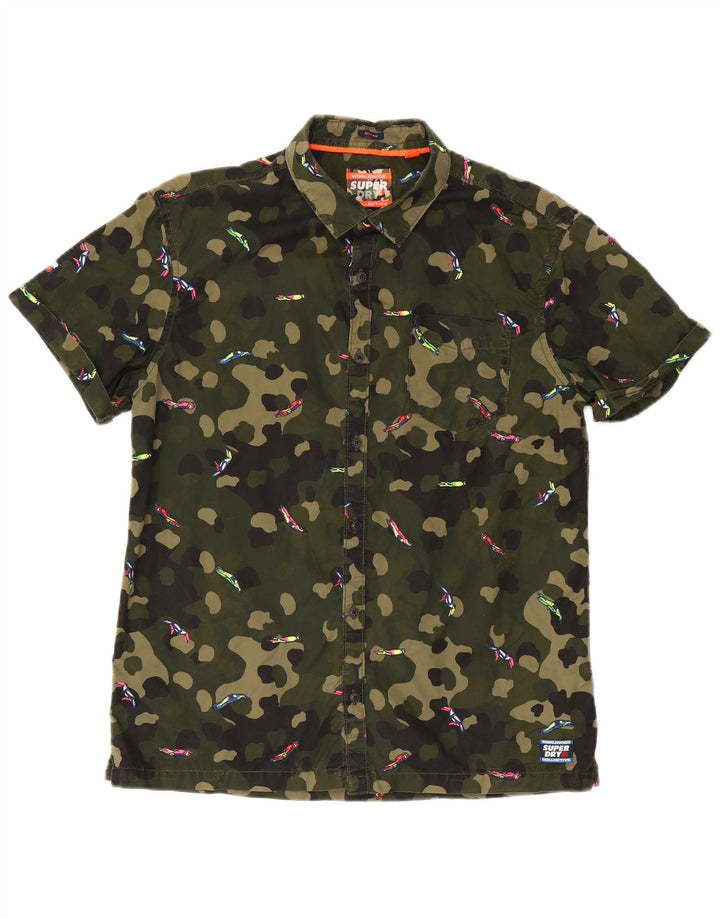 Superdry Herren Box Fit Kurzarmhemd Mittel Khaki Camouflage Baumwolle